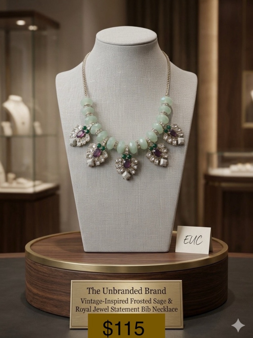 Vintage-Inspired Frosted Sage & Royal Jewel Statement Bib Necklace EUC